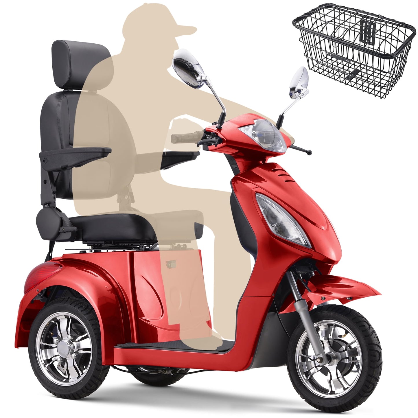 Aoemoe Super Large Electric 3 Wheel Mobility Scooters, Heavy Duty 800W Wheelchair Device, 500 LBS Capacity for Seniors & Adults, Speed Adjust, Remote Key, Receive Ready to Ride.（Red）