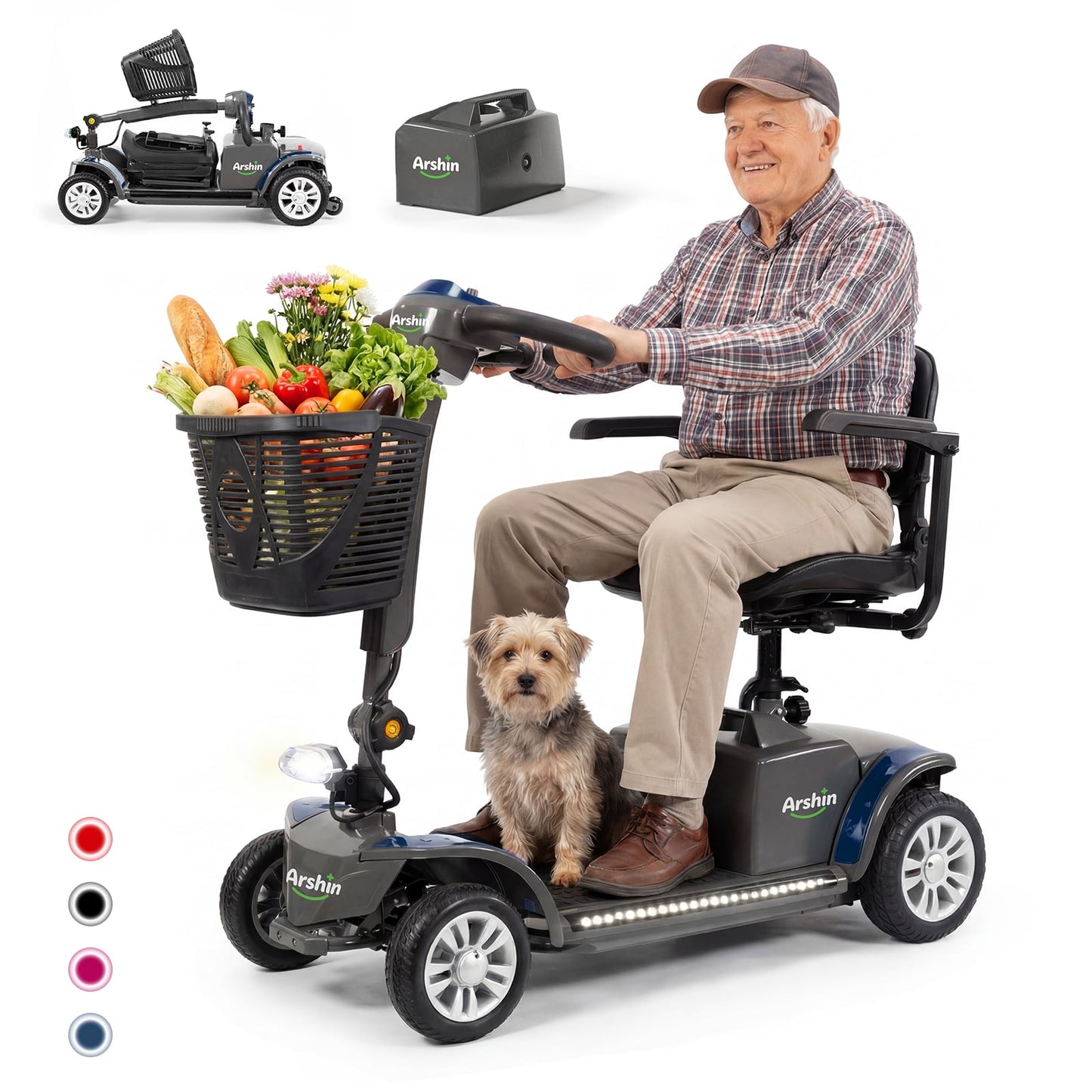 Arshin 4-Wheel Mobility Scooter for Seniors,Easy-to-Use,Foldable & Lightweight,300lbs,Blue