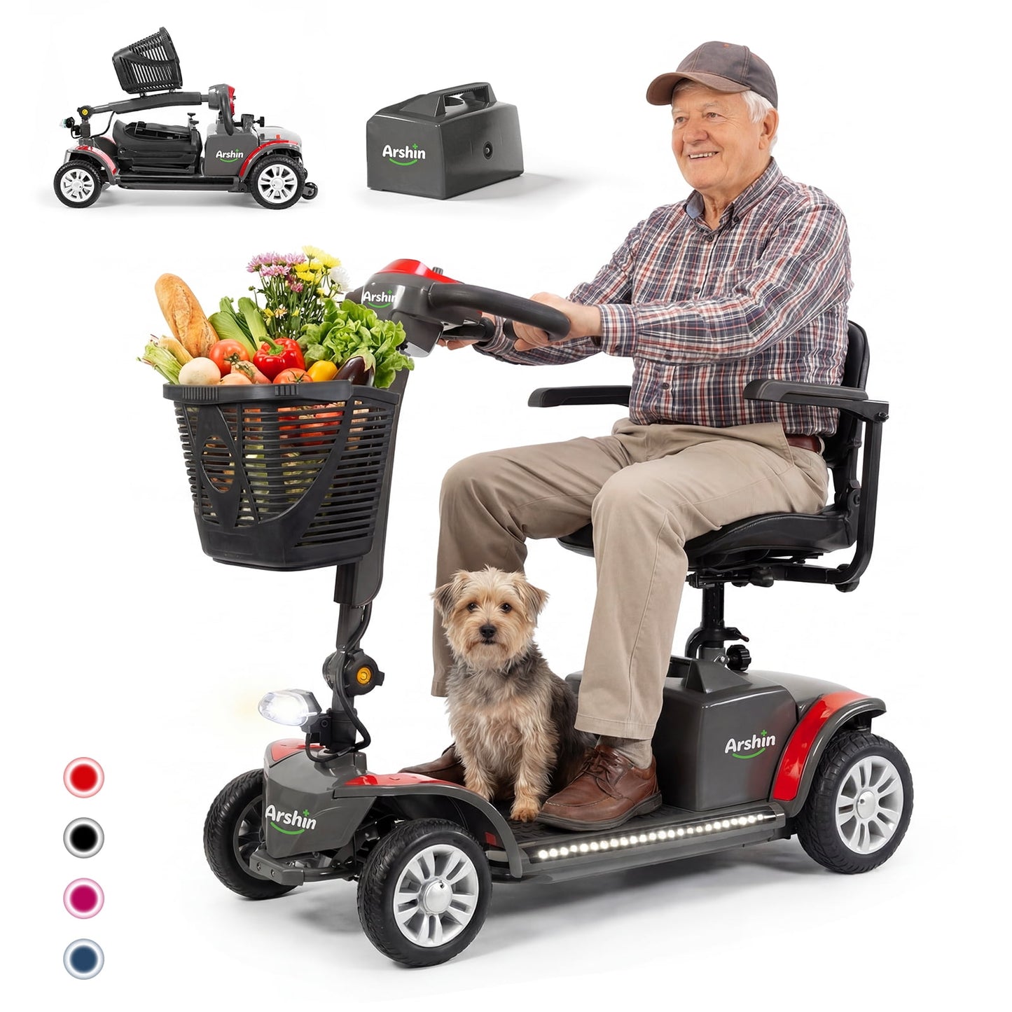 Arshin 4-Wheel Mobility Scooter for Seniors,Easy-to-Use,Foldable & Lightweight,300lbs,Red
