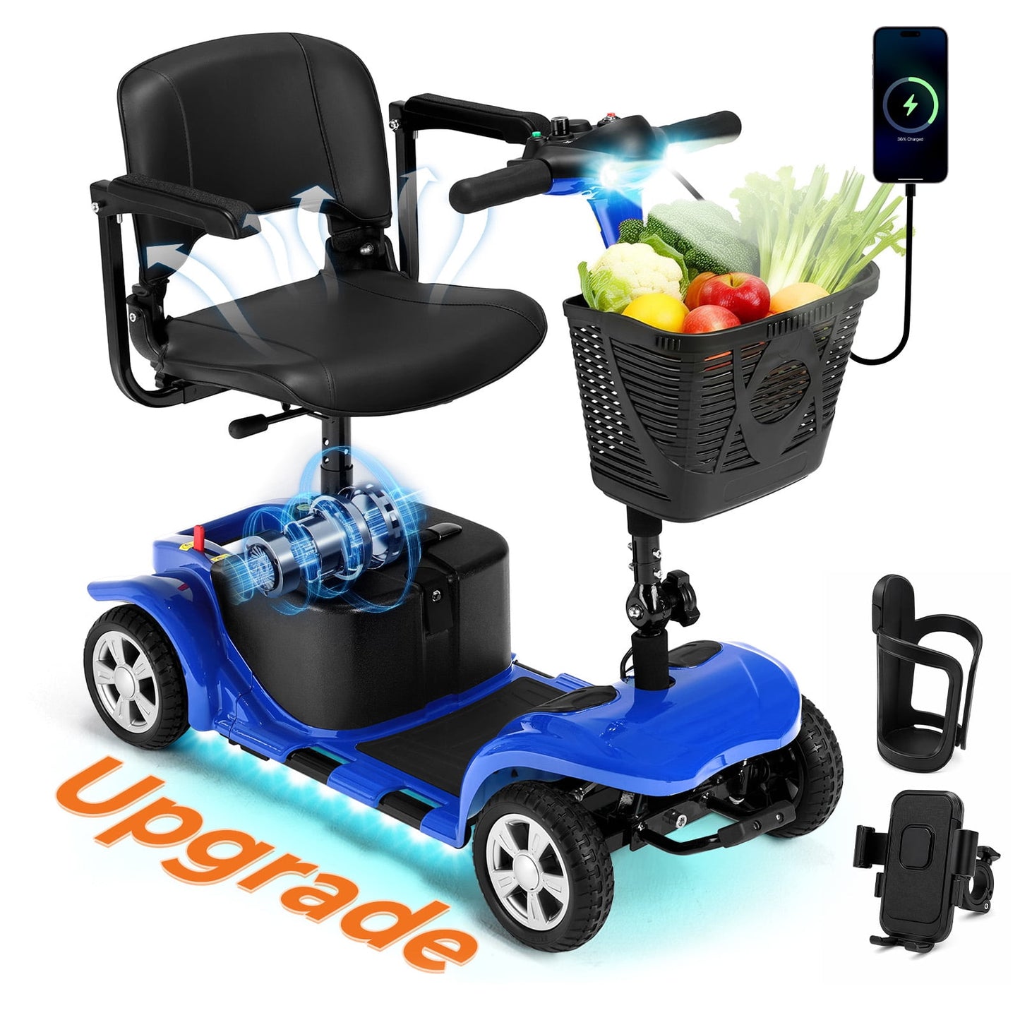 Arshin 4 Wheel Mobility Scooter for Seniors–Foldable Electric Wheelchair,300lbs Cap,Blue