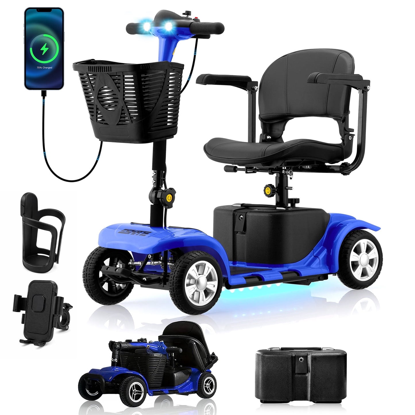 Arshin 4 Wheels Mobility Scooter with USB Port for Seniors,Electric Folding Wheelchair Device for Travel(Purple)