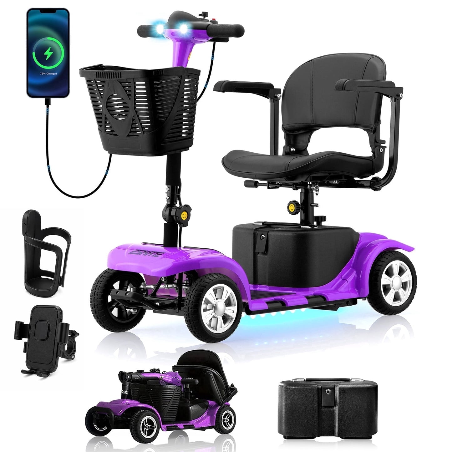 Arshin 4 Wheels Mobility Scooter with USB Port for Seniors,Electric Folding Wheelchair Device for Travel,Purple