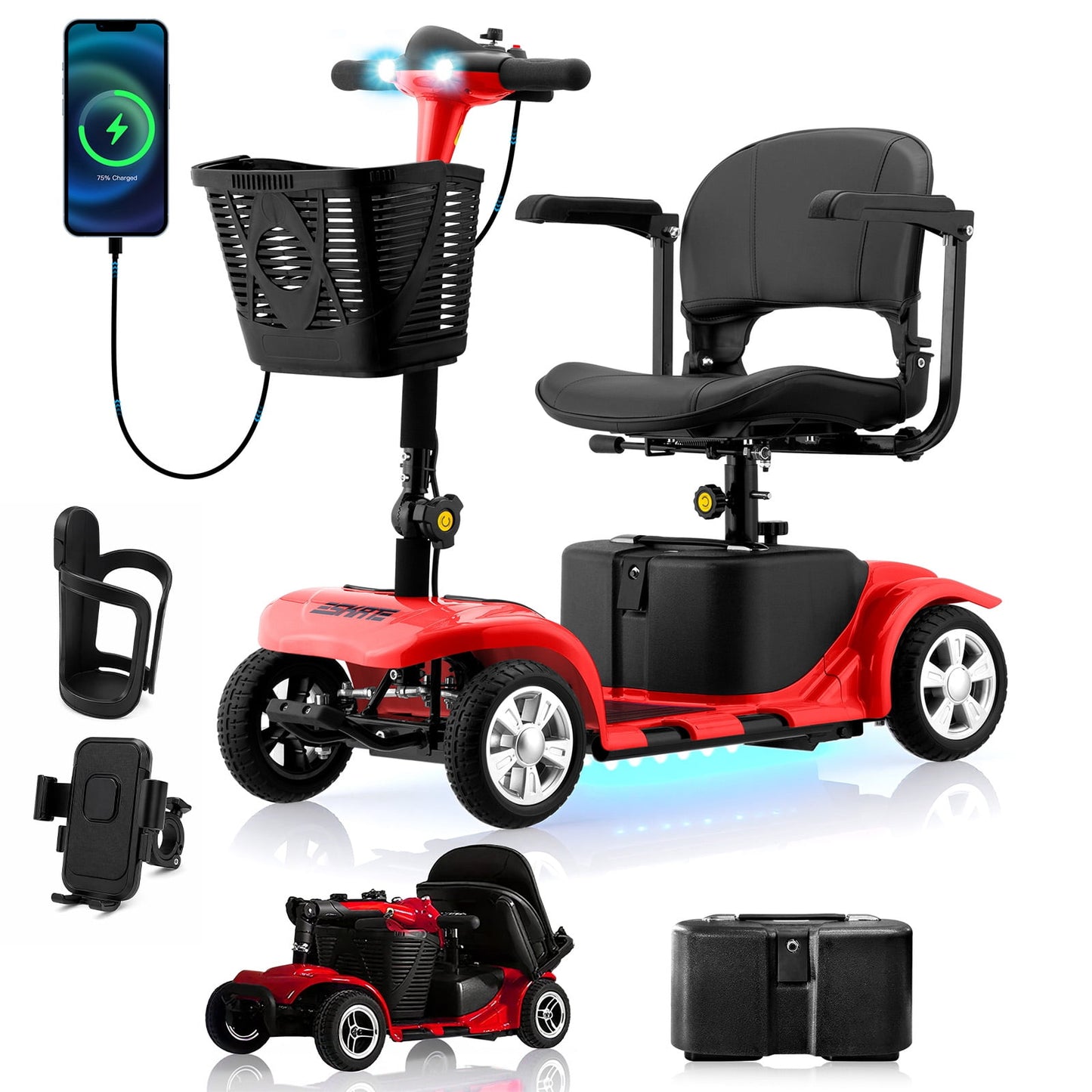 Arshin 4 Wheels Mobility Scooter with USB Port for Seniors,Electric Folding Wheelchair Device for Travel,Red