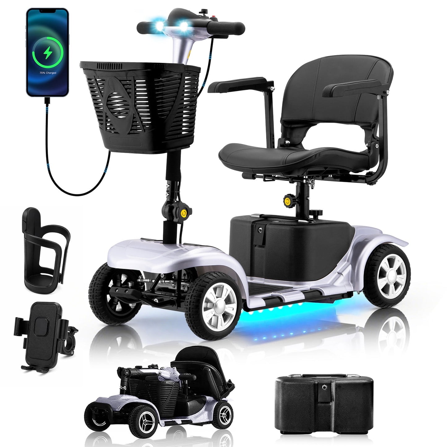 Arshin 4 Wheels Mobility Scooter with USB Port for Seniors,Electric Folding Wheelchair Device for Travel(Silver)