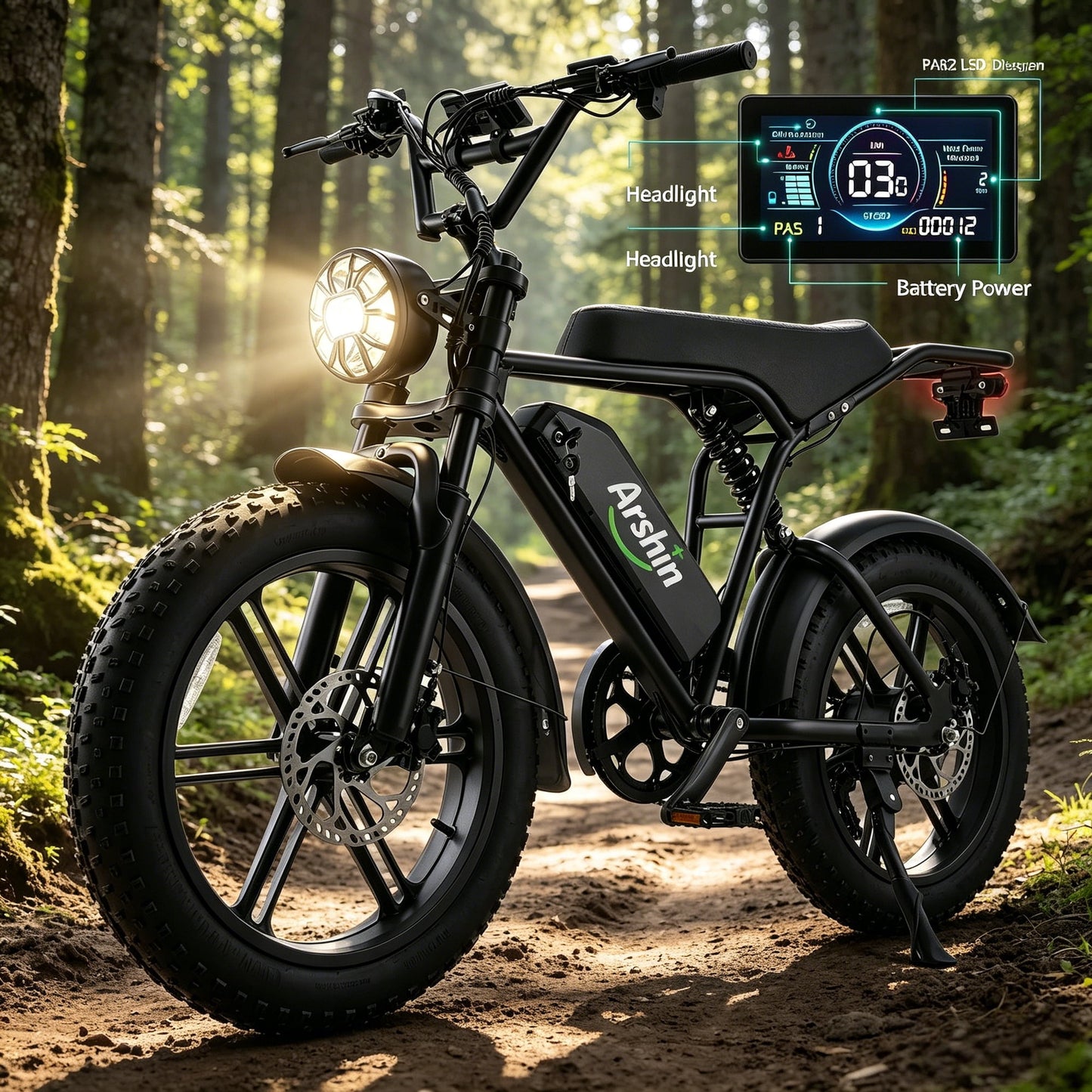 Arshin Peak 1500W Ebike,20"*4"Fat Tire Electric Bikes for Adults,220Lbs Electric Mountain Bike with Removable 48V 15Ah Lithium-Ion Battery,7-Speed,Commuter City E-Bike,Max 27mph,LCD Display(Black)