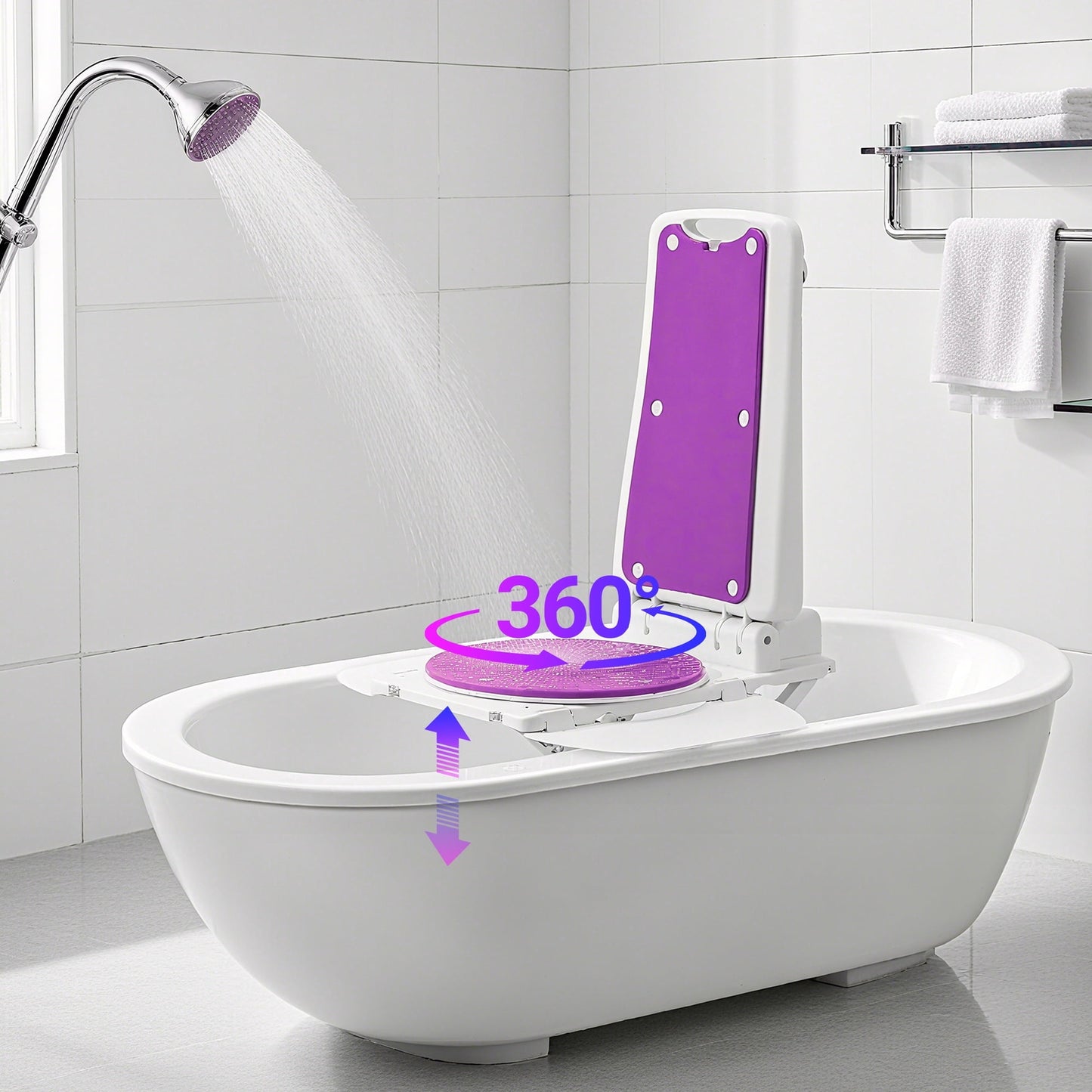 Arshin Electric Patient Lift with Remote Control & Shower Chair for Senior,Floor Lift for Elderly Fallen,360°Swivel,Heavy-Duty Plastic 308 lbs Capacity,24 lbs Net Weight,IPX8 Waterproof(Purple)