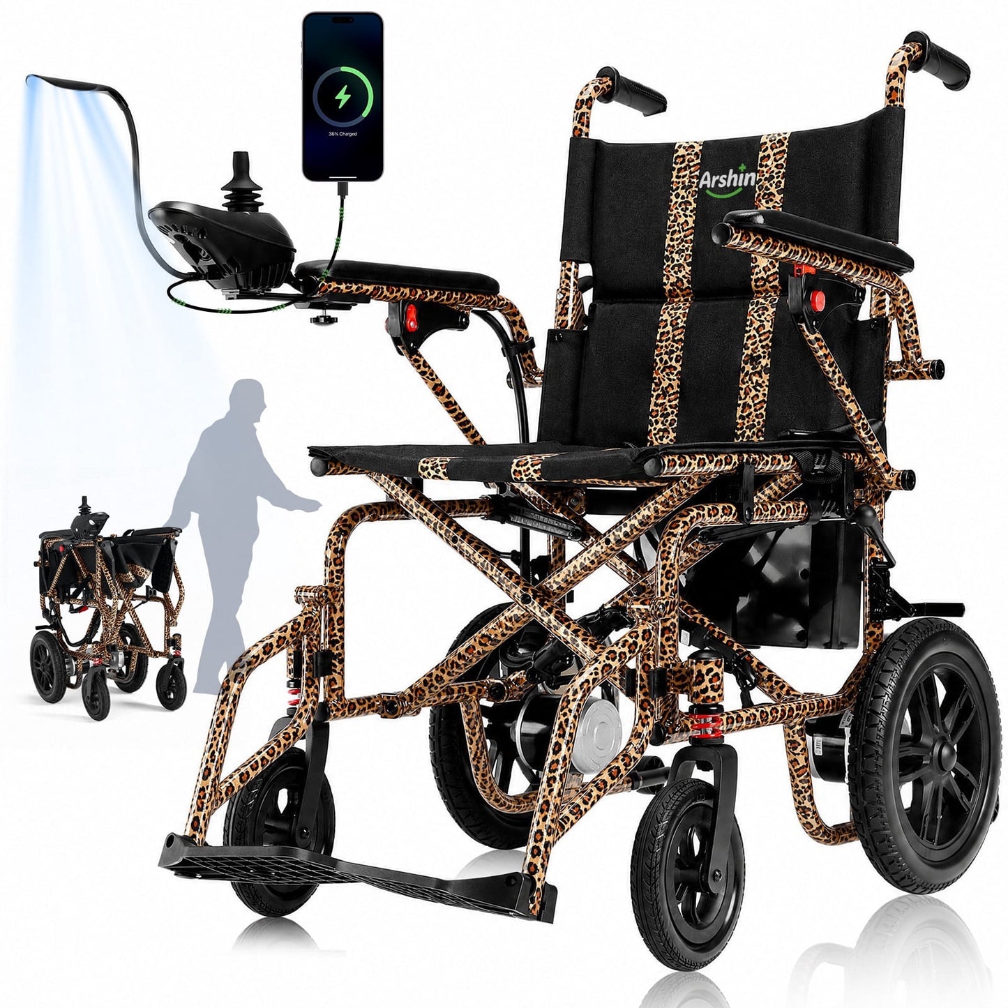 Arshin Electric Wheelchair for Adults - 20+ mile Motorized Wheelchair with 286+ lb Capacity,360°Joystick Control,Lightweight Foldable(Leopard Brown)