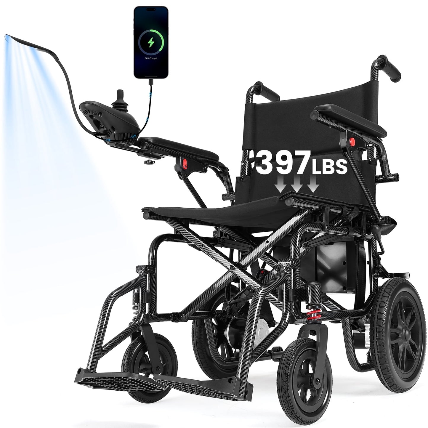 Arshin Upgrade 15+ Miles Range Electric Wheelchairs for Adults,Arshin Electric Wheelchair Lightweight Foldable with 360°Joystick,All Terrain Dual Motors Silent,USB Port,397 lbs Capacity(Black)
