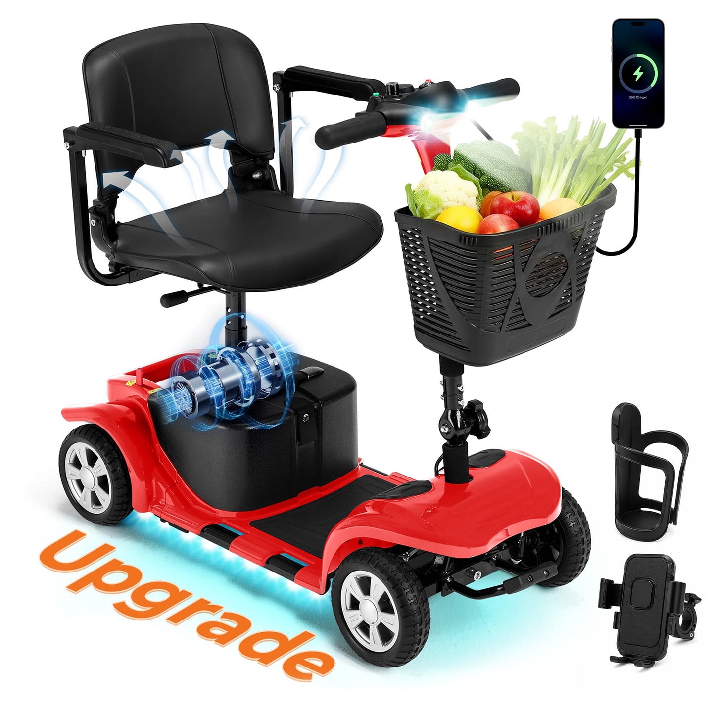 Arshin Improve 4 Wheel Mobility Scooter for Seniors,Foldable Powered Mobile Wheelchair for Adult 300lbs,Red