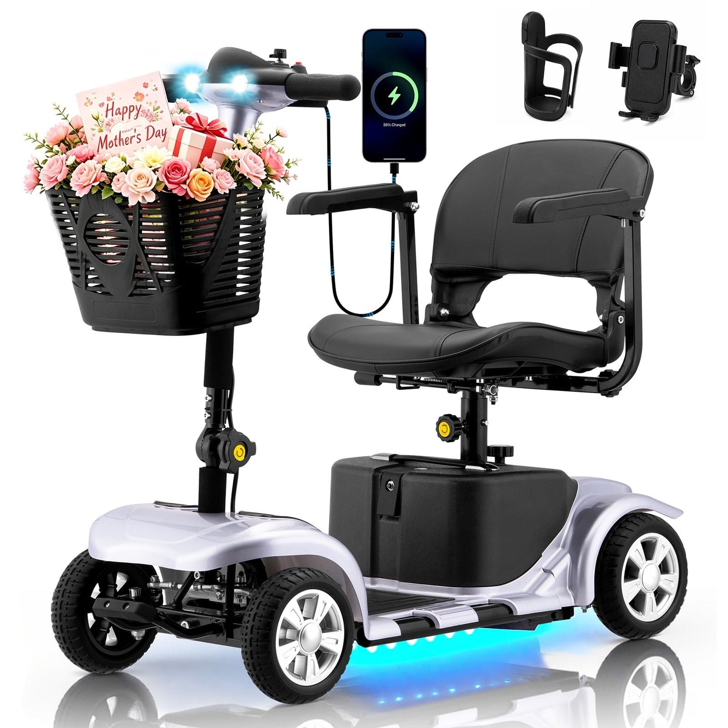 Arshin Upgrade 4 Wheels Mobility Scooter with Removable Battery,Compact Heavy Duty Mobile for Travel,Foldable Powered Wheelchair for Adult,300lbs,Silver