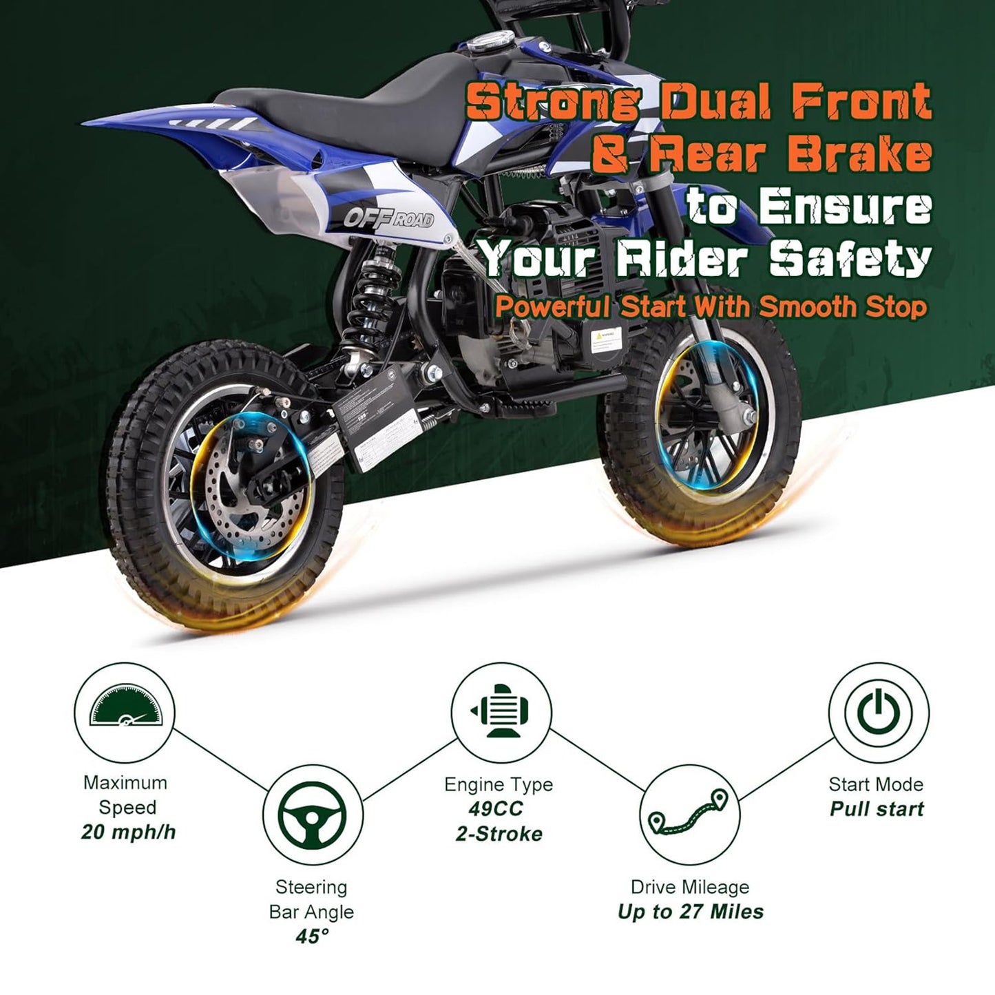 Kids Mini 50CC Gas Dirt Bike, DB1 Model 2 Stroke Ride on Bike with Off-Road Tire, Shocks, Pull Start, Oil Mixed Required, Support Up to 165lbs - Blue