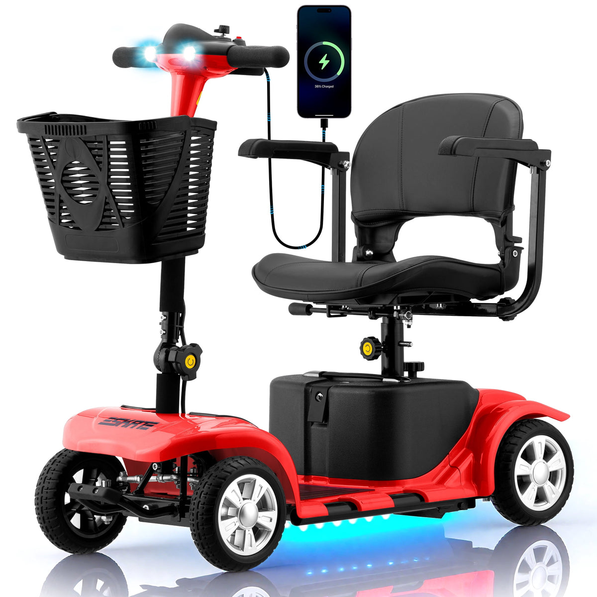 Ostrina Elderly 4-Wheel Mobility Scooter-Removable Battery,All-Terrain Foldable Power Wheelchair for Adults,300 lbs Capacity(Red)+ FREE Phone & Cup Holders