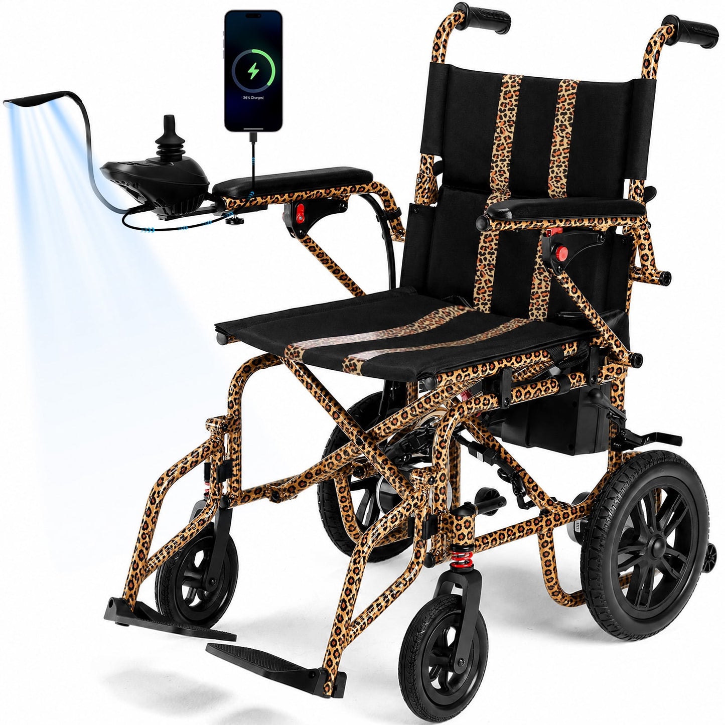Electric Wheelchair, All Terrain Smart Motorized Wheelchair, Senior-Friendly Power Chair with 360° Joystick, 20+ MilesLong-Range Mobility Scooter, Leopard Print
