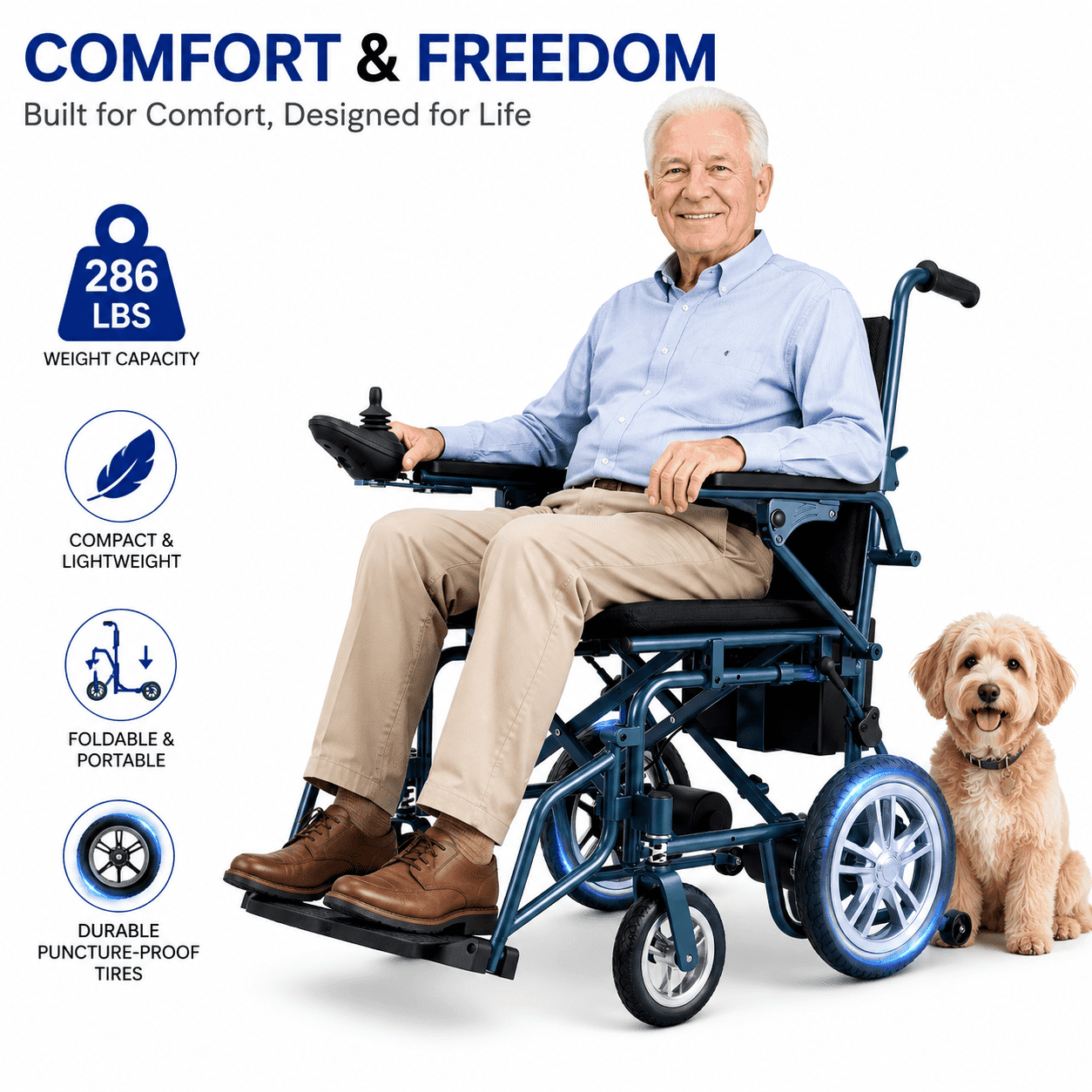 Electric Wheelchairs for Adults，Lightweight Foldable Wheelchair 15 Miles Long Travel Range, 360° Joystick Control Motorized Wheelchair, Support 286 lbs with LED Light Power Wheelchair (Blue)
