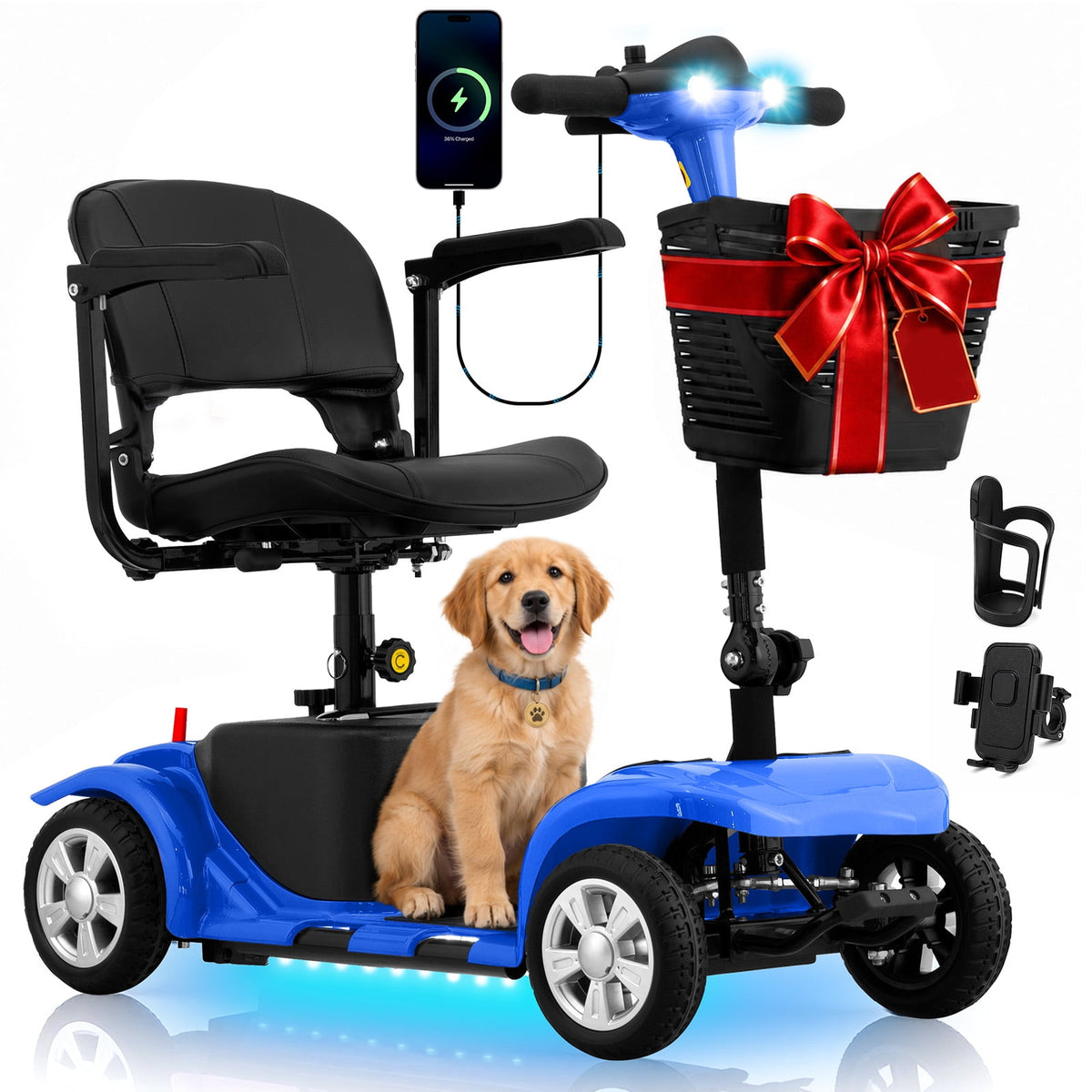 Ostrina Foldable 4-Wheel Mobility Scooter for Seniors,Portable Electric Wheelchair with USB Port,Easy Travel & Daily Use(Classic Blue)