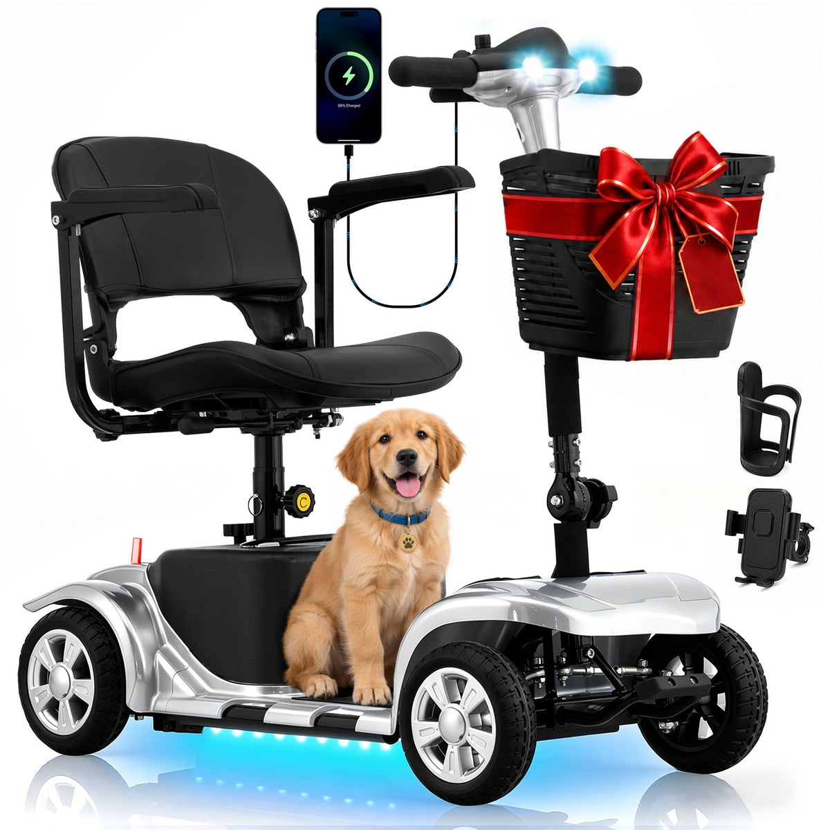 Ostrina Foldable 4-Wheel Mobility Scooter for Seniors,Portable Electric Wheelchair with USB Port,Easy Travel & Daily Use(Shining Silver)