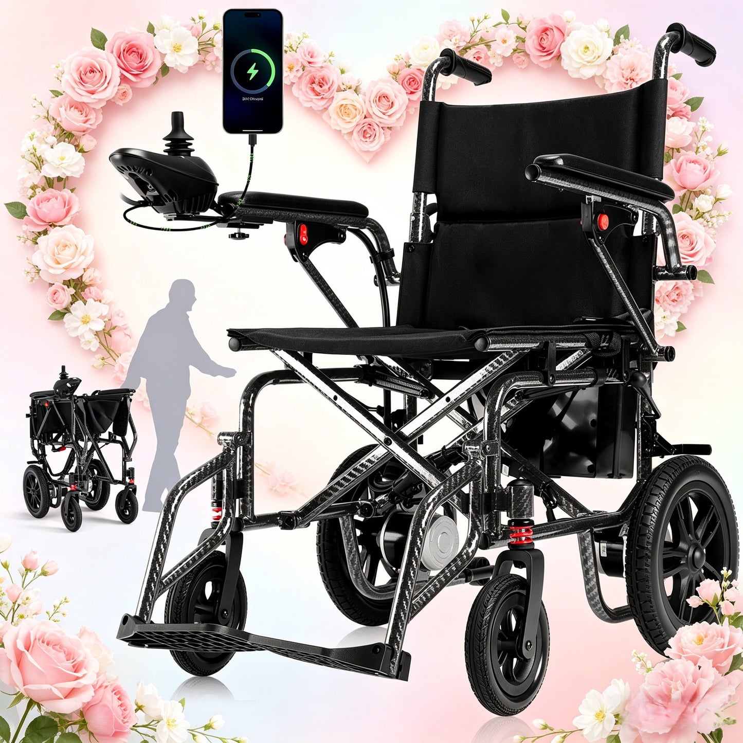 Foldable Electric Wheelchair,20+ Miles,360°Joystick,Gift for Mom on Mother's Day(Black)