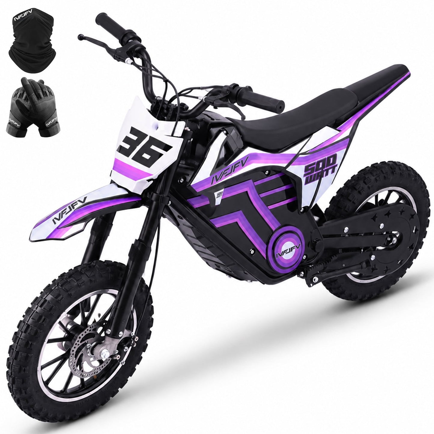 IVFJFV 500W Electric Dirt Bike for Kids,Up to 17.4MPH & 23.6 Miles,Two Speed Modes, Front & Rear Suspension,Mechanical Disc Brakes, 165 LBS,Beginner-Friendly Handle, All-Terrain,PURPLE
