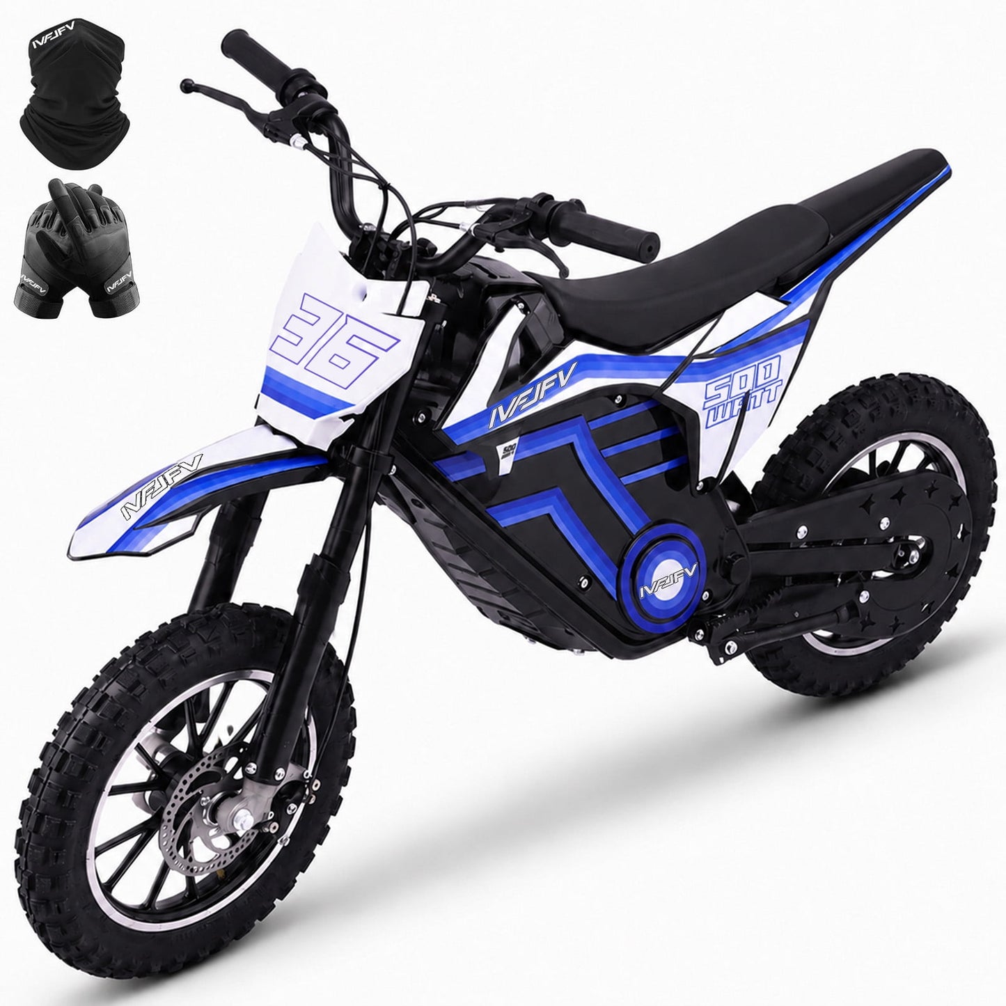 IVFJFV 500W Electric Dirt Bike for Kids,Up to 17.4MPH & 23.6 Miles,Two Speed Modes, Front & Rear Suspension,Mechanical Disc Brakes, 165 LBS,Beginner-Friendly Handle, All-Terrain,BLUE