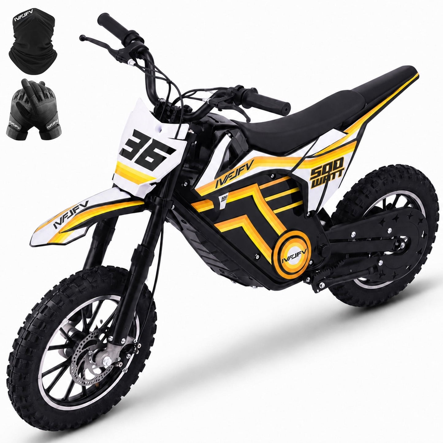IVFJFV 500W Electric Dirt Bike for Kids,Up to 17.4MPH & 23.6 Miles,Two Speed Modes, Front & Rear Suspension,Mechanical Disc Brakes, 165 LBS,Beginner-Friendly Handle, All-Terrain,YELLOW