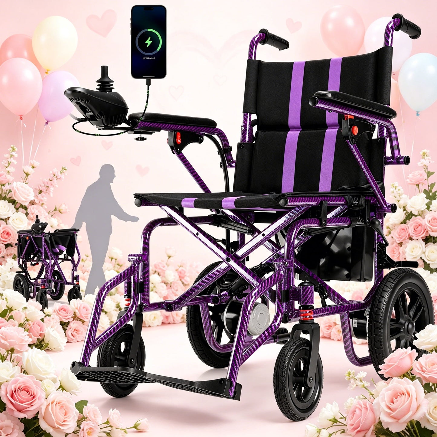 Lightweight Foldable Electric Wheelchair,20+ Miles,360°Joystick,Mom's Gift(Purple)