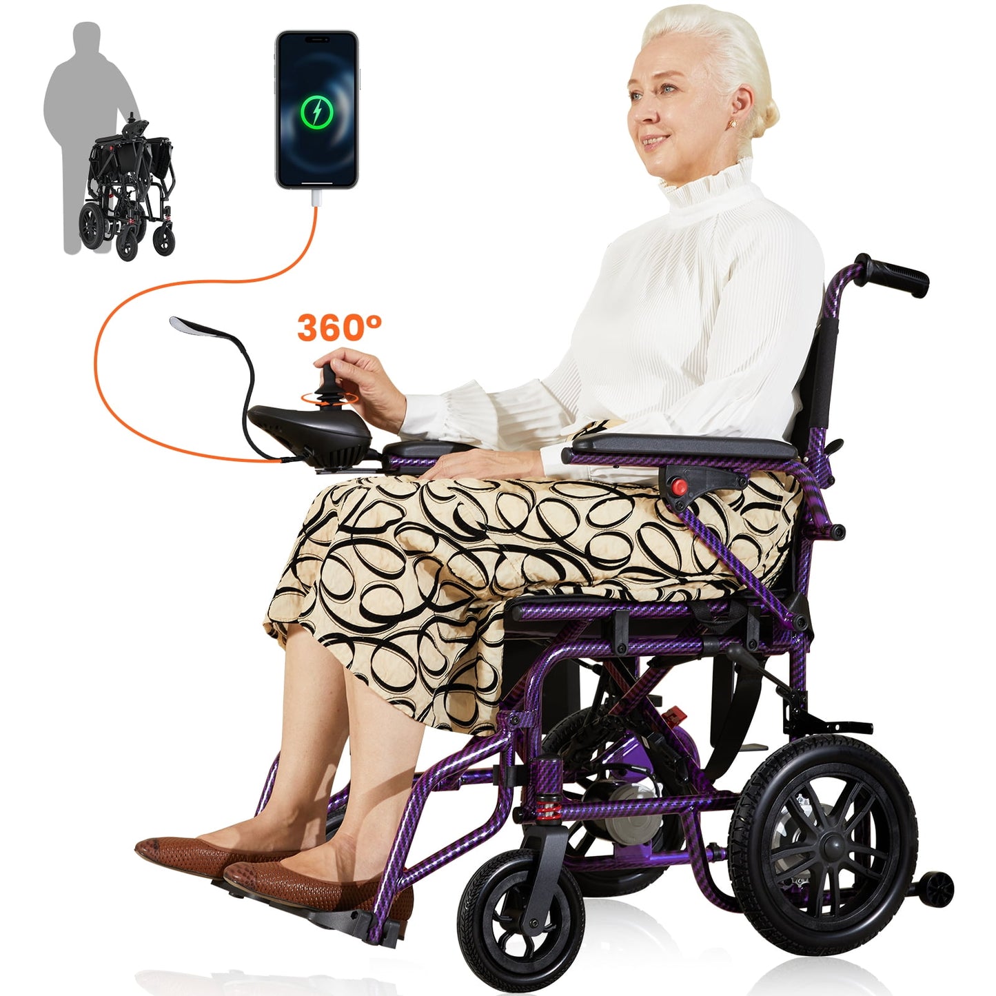 Lightweight Foldable Electric Wheelchair,20+ Miles,360°Joystick,Mom's Gift(Purple)