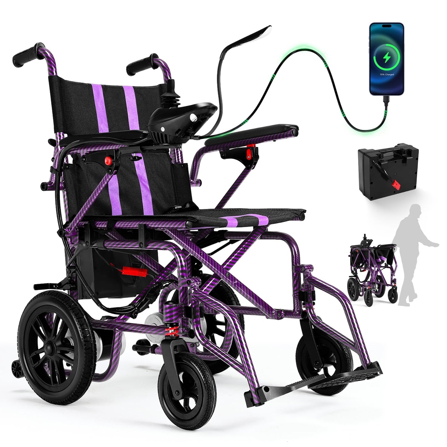 LiltJan Electric Wheelchair for Adults, Lightweight Foldable Motorized Wheelchair with 15-Mile Range, 360° Joystick & All-Terrain Power, Supports 300 lbs, LED Safety Lights, Travel Portable
