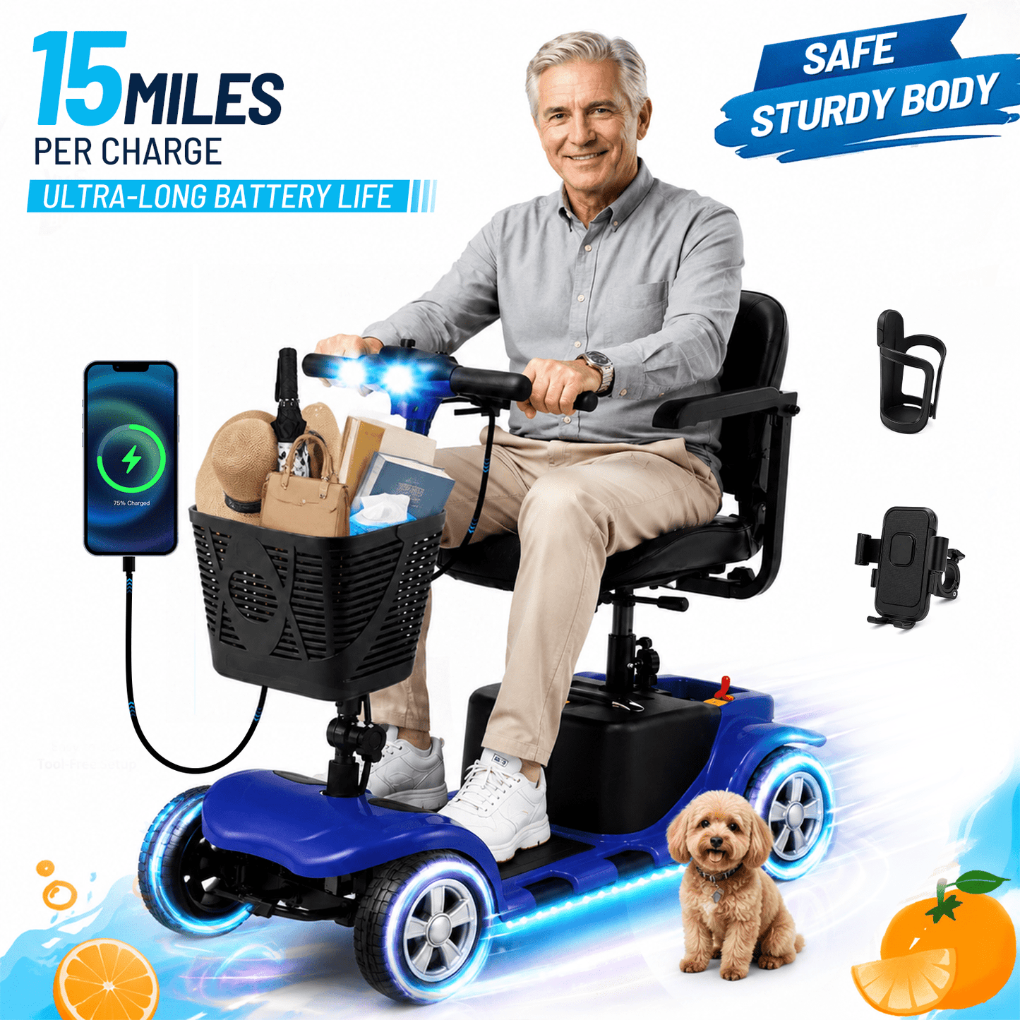 LiltJan Foldable Mobility Scooter for Adults Elderly– Mobility Scooter for Seniors 4-Wheel Portable Motorized Scooter with 300 lbs Capacity with 15 Miles Range