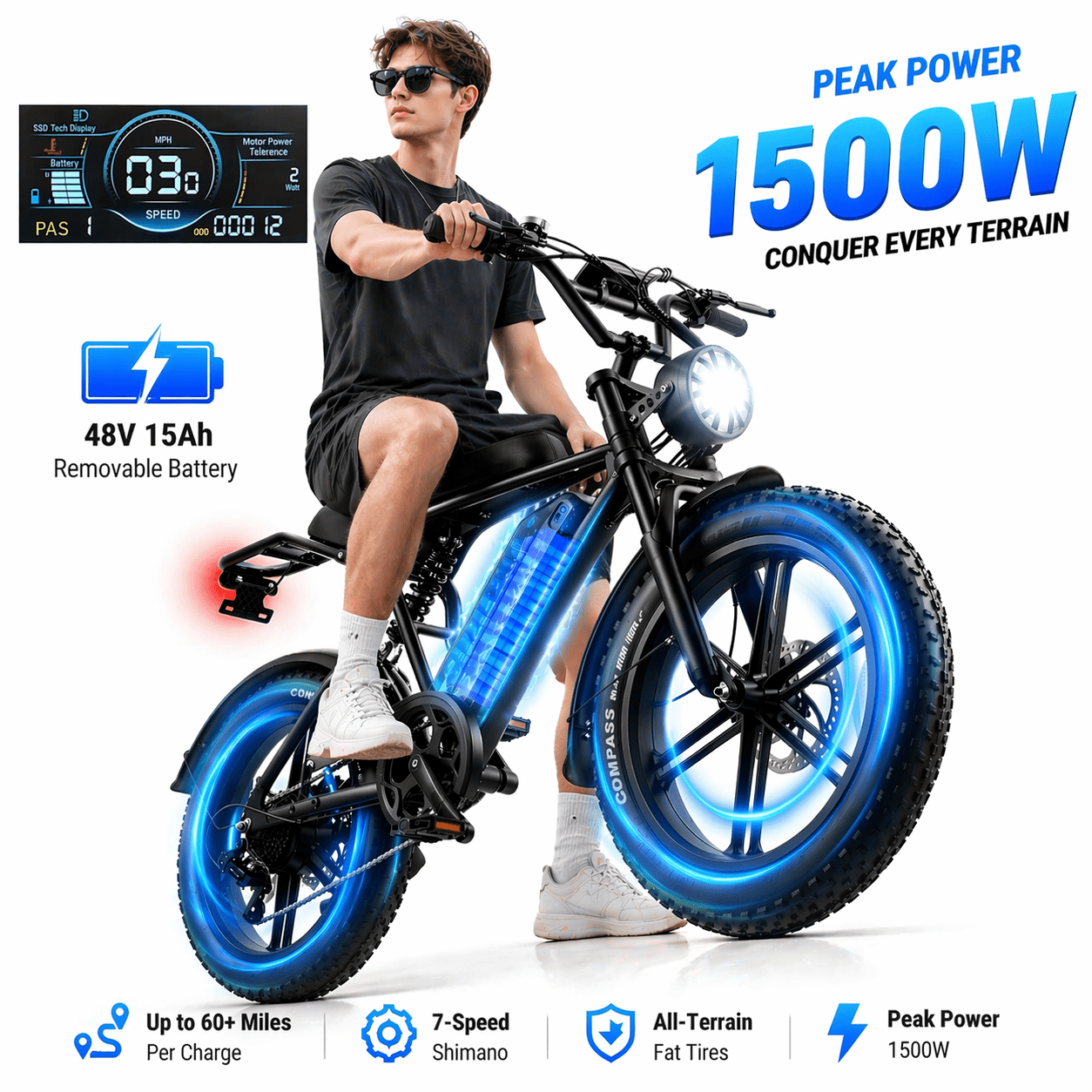 MOSTA Electric Bike for Adults, 750W Peak 1500W Motor, 20"x4" Fat Tire, E Mountain Bike, 48V/15AH APP-Controlled Riding