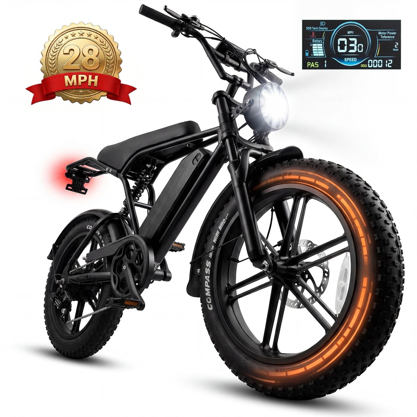 MOSTA Electric Bike for Adults Peak 1500W Motor, 20"x4" Fat Tire, E Mountain Bike, 48V/15AHElectric Mountain Bike with 7 Speeds for Adults & Teens