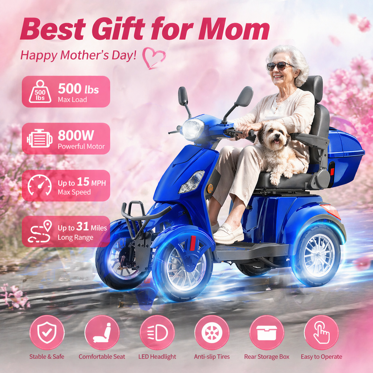 Mosta 4 Wheel Mobility Scooters for Seniors, Adult Scooter with 800W Motor, Heavy Duty Electric Scooter with 500 lb Capacity, 25 Miles Long Range