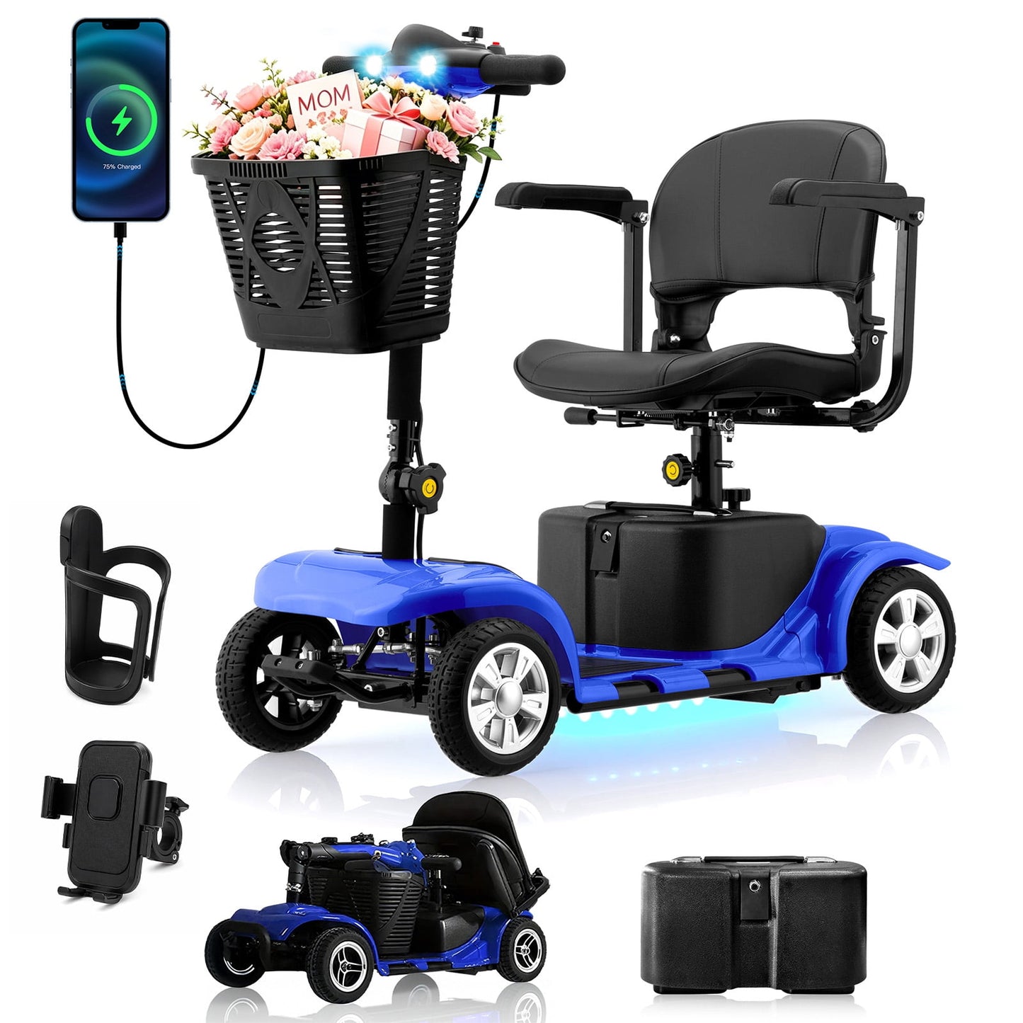 Mosta Adult, Senior Mobility Scooter, 4-wheel Electric Rechargeable Travel Device with LED Headlight and Basket, Including Charger, Blue