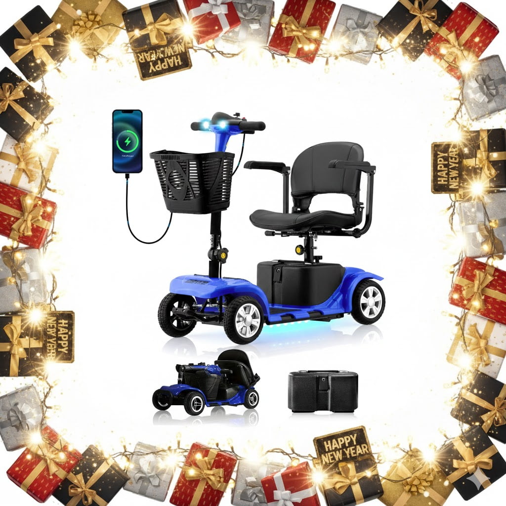 Mosta Adult, Senior Mobility Scooter, 4-wheel Electric Rechargeable Travel Device with LED Headlight and Basket, Including Charger, Blue