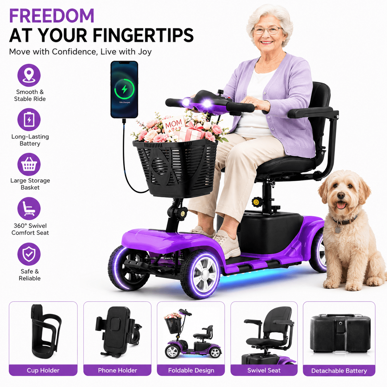 Mosta Adult, Senior Mobility Scooter, 4-wheel Electric Rechargeable Travel Device with LED Headlight and Basket, Including Charger,Purple