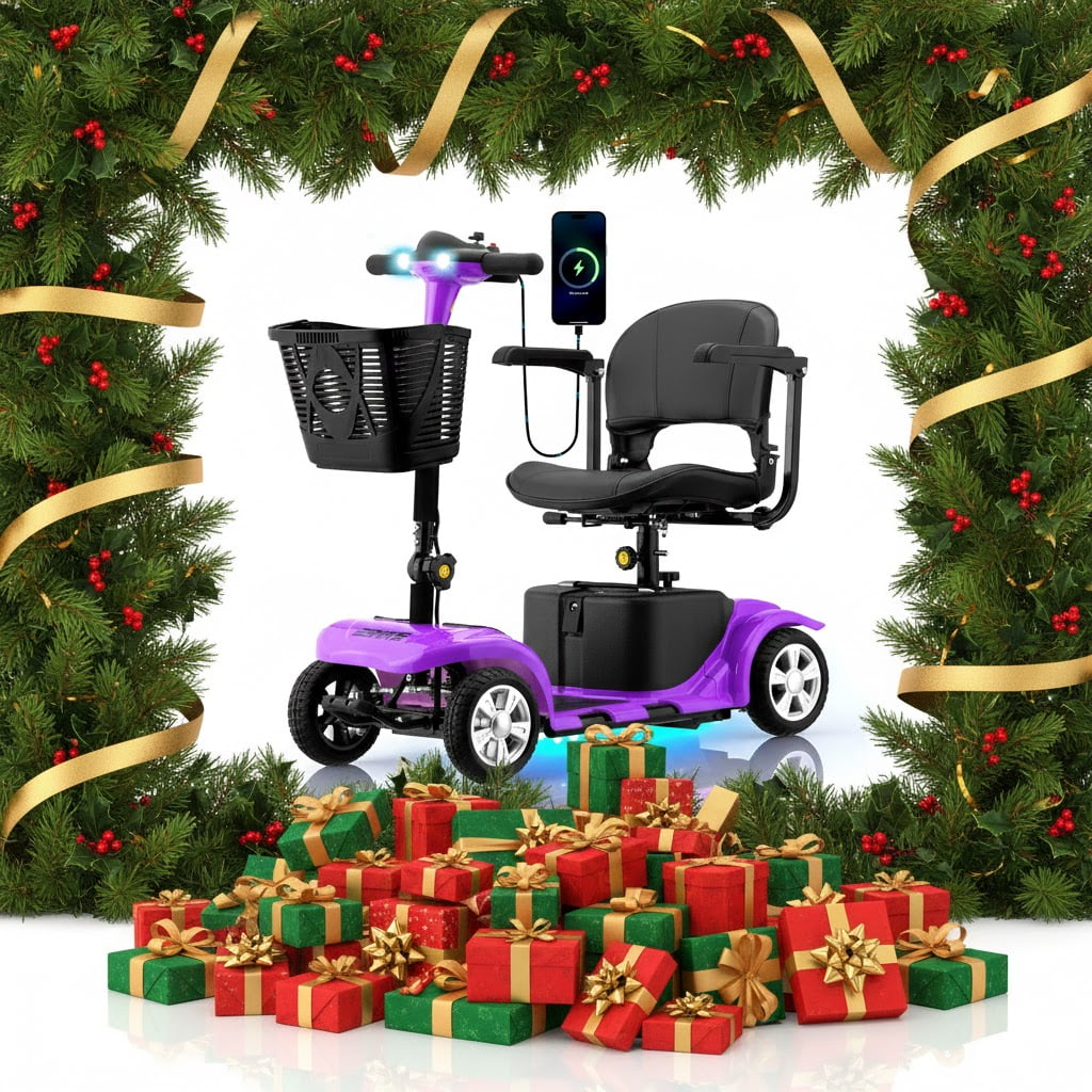 Mosta Adult, Senior Mobility Scooter, 4-wheel Electric Rechargeable Travel Device with LED Headlight and Basket, Including Charger,Purple