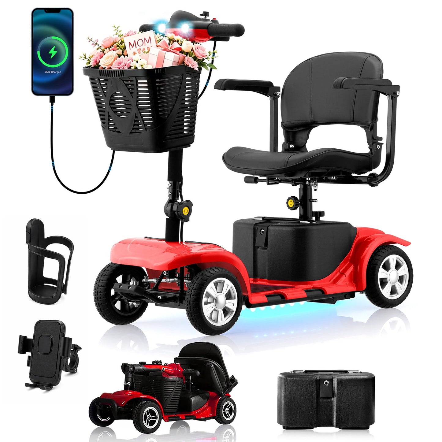 Mosta Adult, Senior Mobility Scooter, 4-wheel Electric Rechargeable Travel Device with LED Headlight and Basket, Including Charger, Red