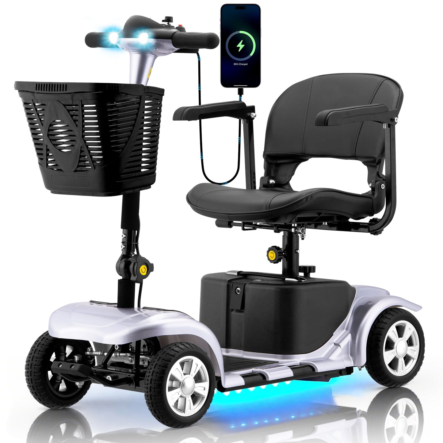 Mosta Adult, Senior Mobility Scooter, 4-wheel Electric Rechargeable Travel Device with LED Headlight and Basket, Including Charger, Silver