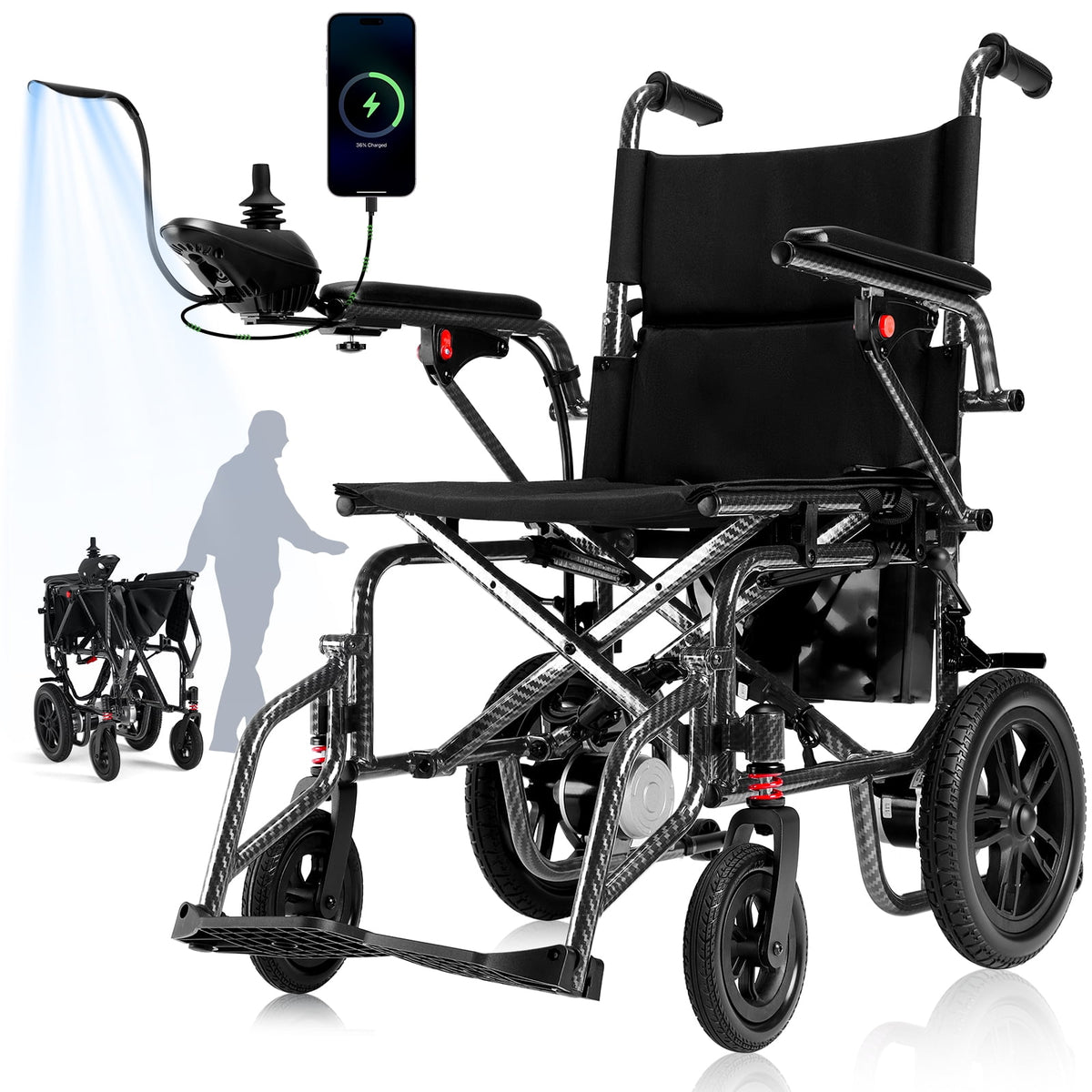 Ostrina Portable Electric Wheelchair,Lightweight Foldable Power Chair for Seniors & Adults,20+ Mile Range All‑Terrain,360°Joystick,286 lbs Capacity(Black)