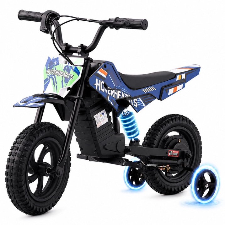 QEASET 24V Electric Mini Dirt Bike Ride-On Toy with Training Wheels, 120W Motor, 6.2 MPH Speed, Rechargeable Battery, Drum Brakes, Adjustable Seat, Outdoor Vehicle, Blue