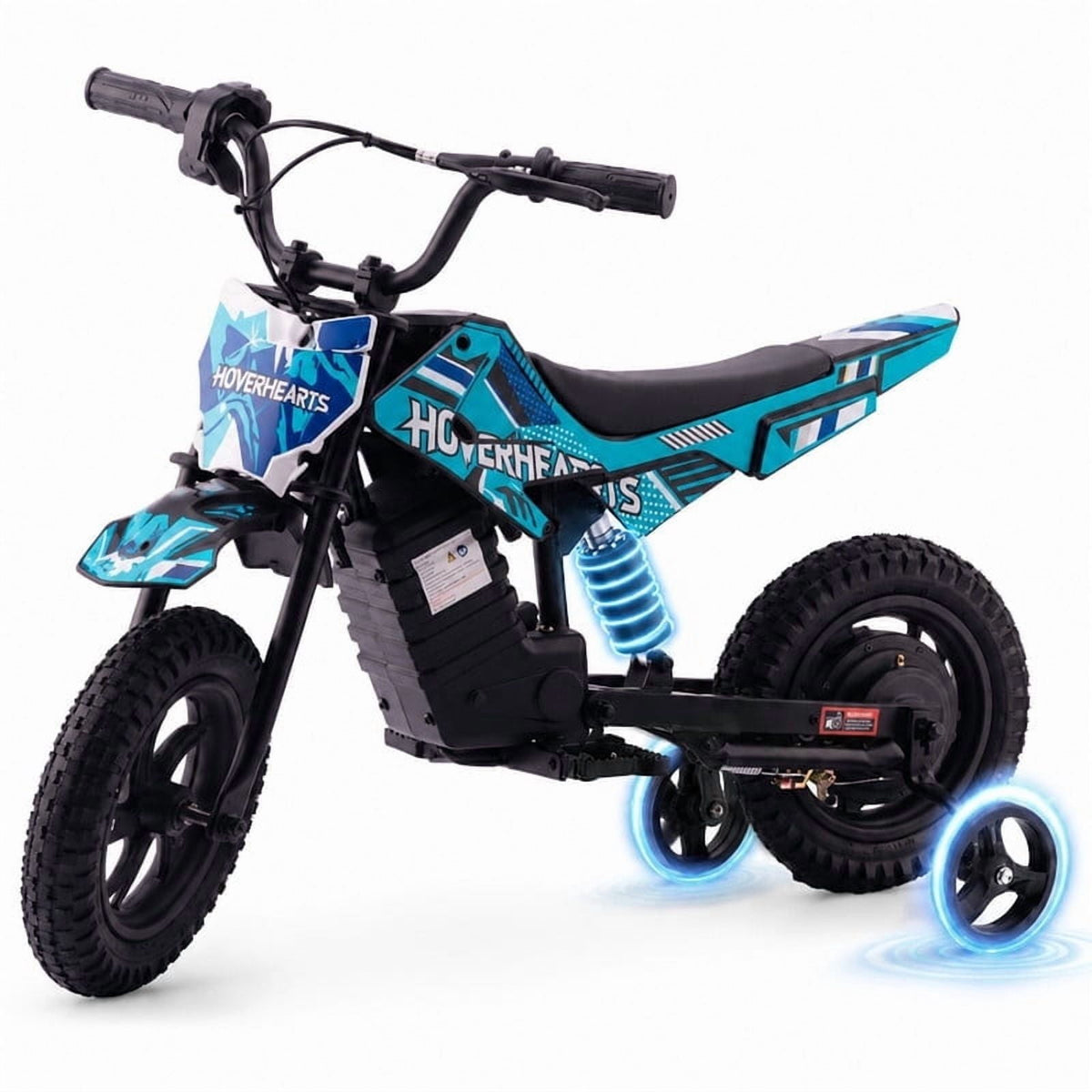 QEASET 24V Electric Mini Dirt Bike Ride-On Toy with Training Wheels, 120W Motor, 6.2 MPH Speed, Rechargeable Battery, Drum Brakes, Adjustable Seat, Outdoor Vehicle, Teal