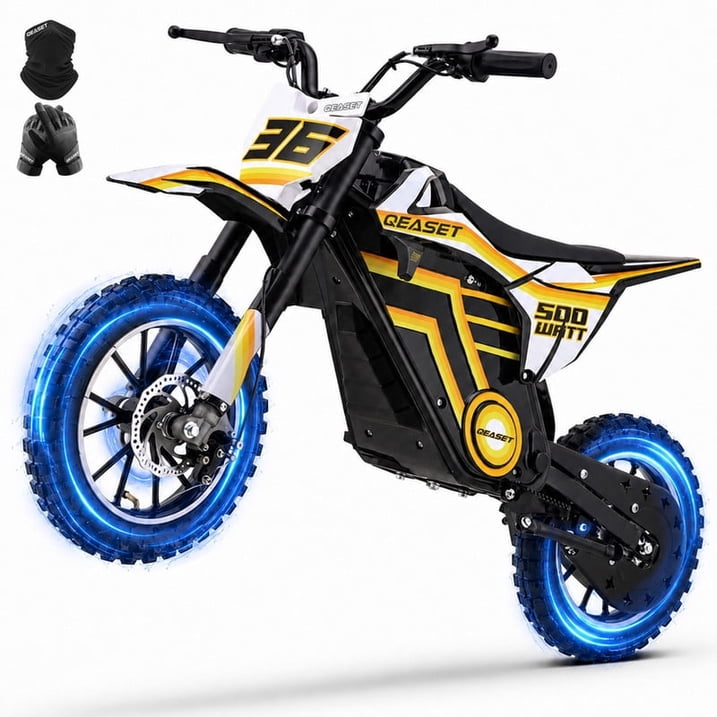 QEASET 36V Electric Dirt Bike, 500W Motorized Mini Dirt Bike with Dual Suspension, Disc Brakes, 17 MPH Max Speed, Electric Off-Road Motorcycle for Boys Girls Ages 8-14,Yellow