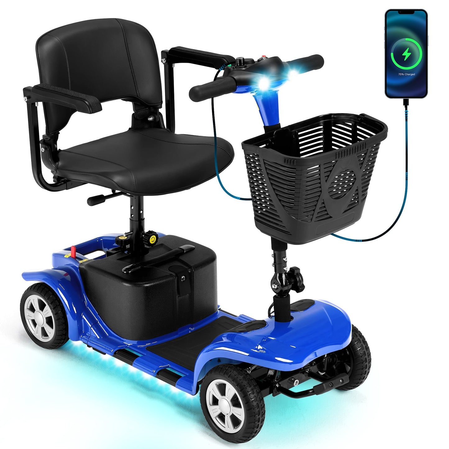 QEASET 4 Wheels Mobility Scooter for Seniors, Electric Folding Wheelchair Device for Travel, Gifts for the elderly, Blue