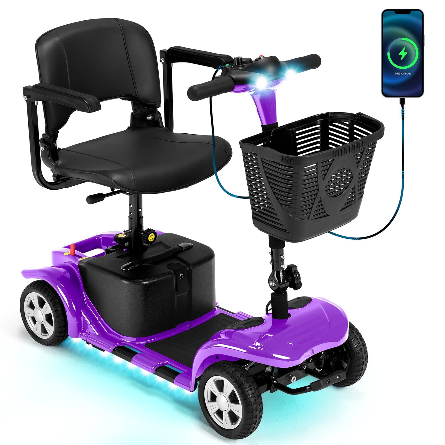 QEASET 4 Wheels Mobility Scooter for Seniors, Electric Folding Wheelchair Device for Travel, Gifts for the elderly, Purple
