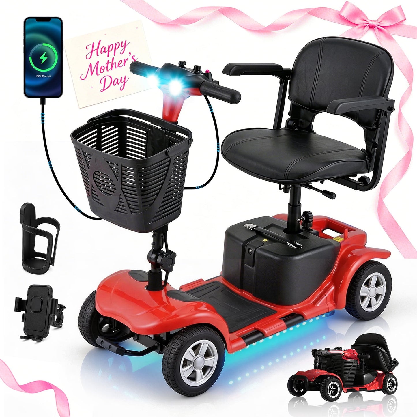 QEASET 4 Wheels Mobility Scooter for Seniors, Electric Folding Wheelchair Device for Travel, Mother's Day Gift for Mom, Red