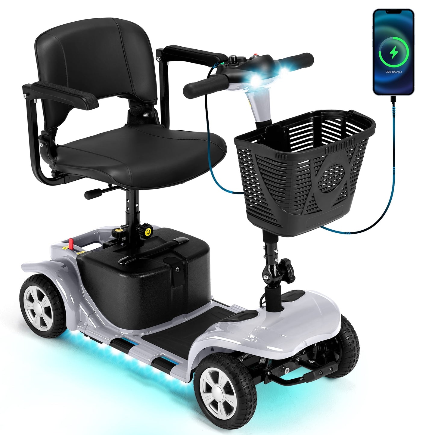 QEASET 4 Wheels Mobility Scooter for Seniors, Electric Folding Wheelchair Device for Travel, Gifts for the elderly, Silver