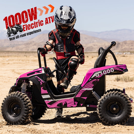 QEASET 48V UTV Electric Off-Road Vehicle for Adults, 3-Speed with Safety Lock, Shock Absorbers, Disc Brakes, Steel Frame & Adjustable Seat – All-Terrain Side-by-Side(Pink)