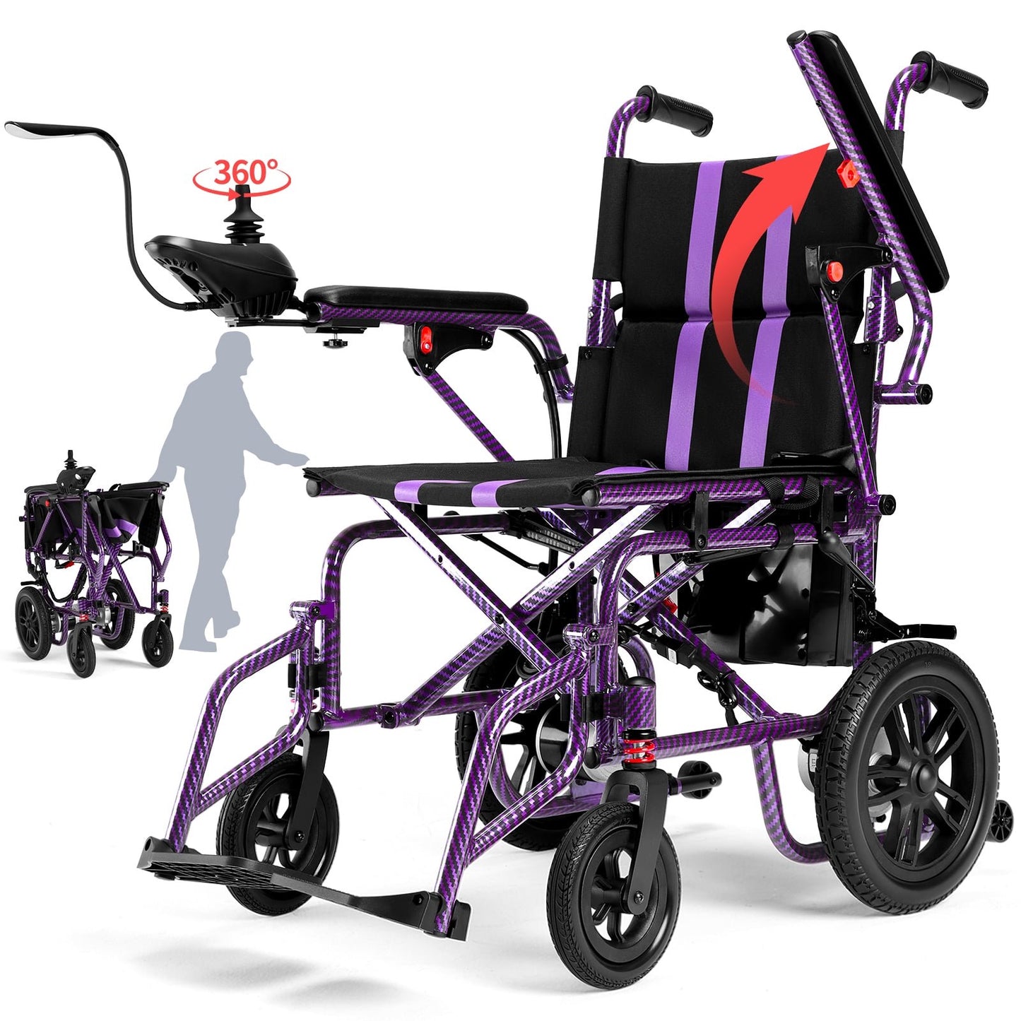 QEASET Foldable Electric Wheelchair for Seniors, All Terrain Motorized Wheelchair for Seniors with Detachable Battery, Purple