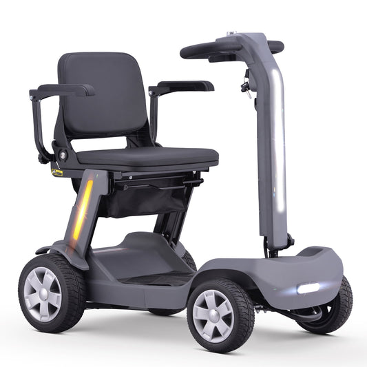 QEASET Foldable Mobility Scooter for Adults & Senior, 4 Wheels Powered Device for Travel, Lightweight and Portable, with LED Strip Light, Storage Bag, Charger Included, No Assemble Required, Grey
