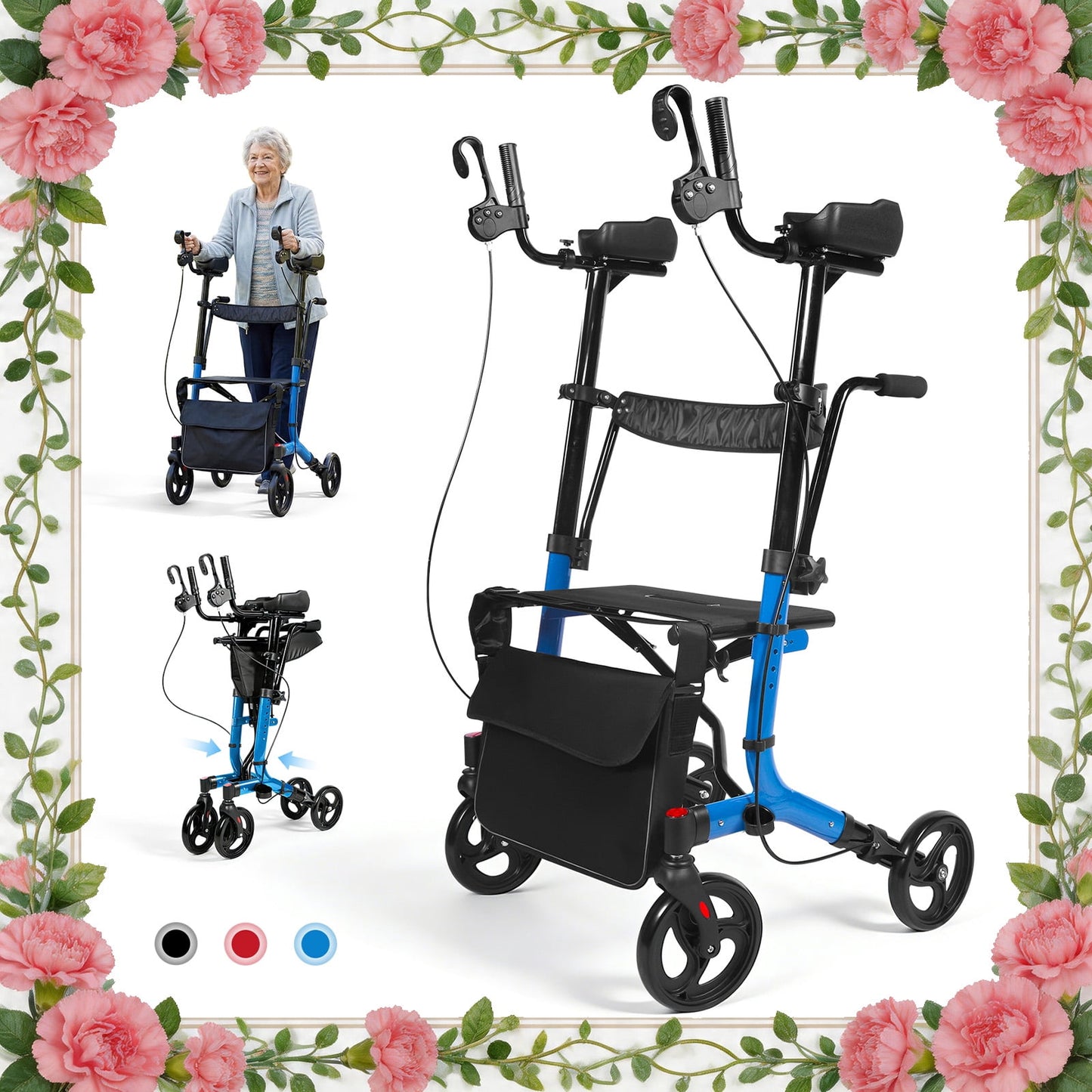 QEASET Blue Upright Rollator Walker, Folding Wheelchair, Mother's Day Gift