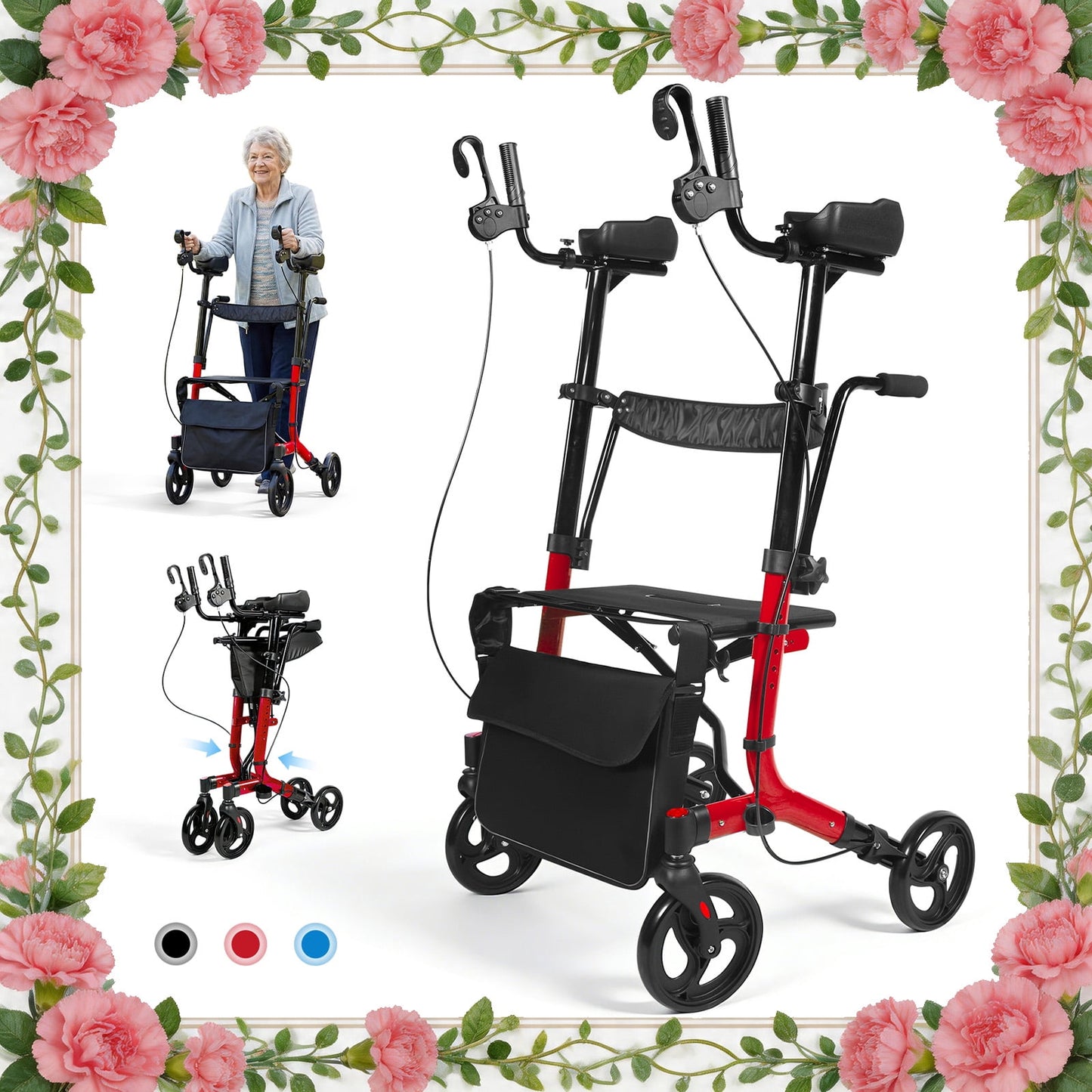 QEASET Upright Rollator Walker, Red, Folding Transport Wheelchair, Mother's Day Gift
